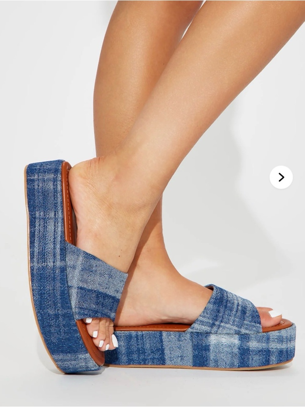 Fashion Nova Denim Slide Sandals in Blue and Brown Faux Leather size 10